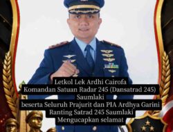 Letkol Lek Ardhi Cairofa Komandan Satuan Radar 245 (Dansatrad 245) Saumlaki beserta Seluruh Prajurit dan PIA Ardhya Garini Ranting Satrad 245 Saumlaki Mengucapkan DIRGAHAYU BHAYANGKARA KE-80